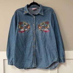 Cool Blues Vintage Embroidered Cat Denim Button Down Shirt